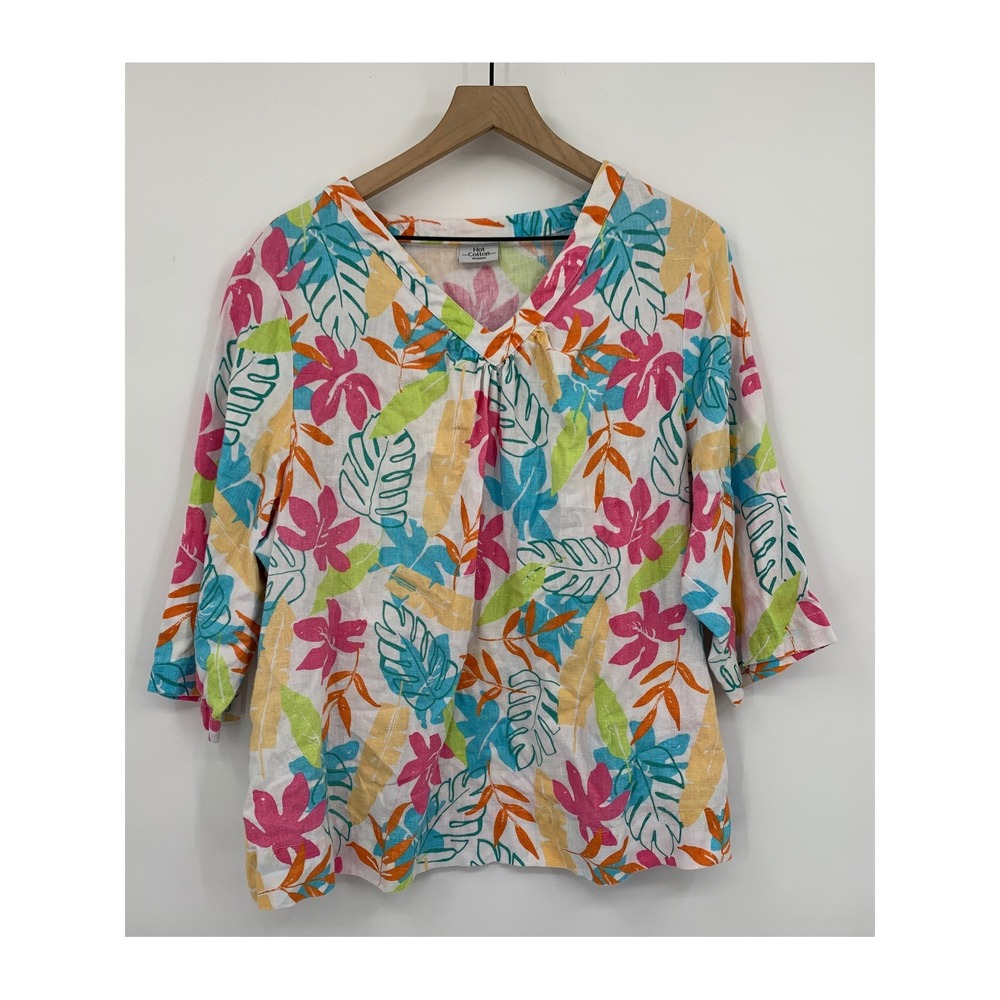 Hot Cotton Shirt Womens XL Blue Pink Tropical Floral 3/4 Sleeve Linen Cotton